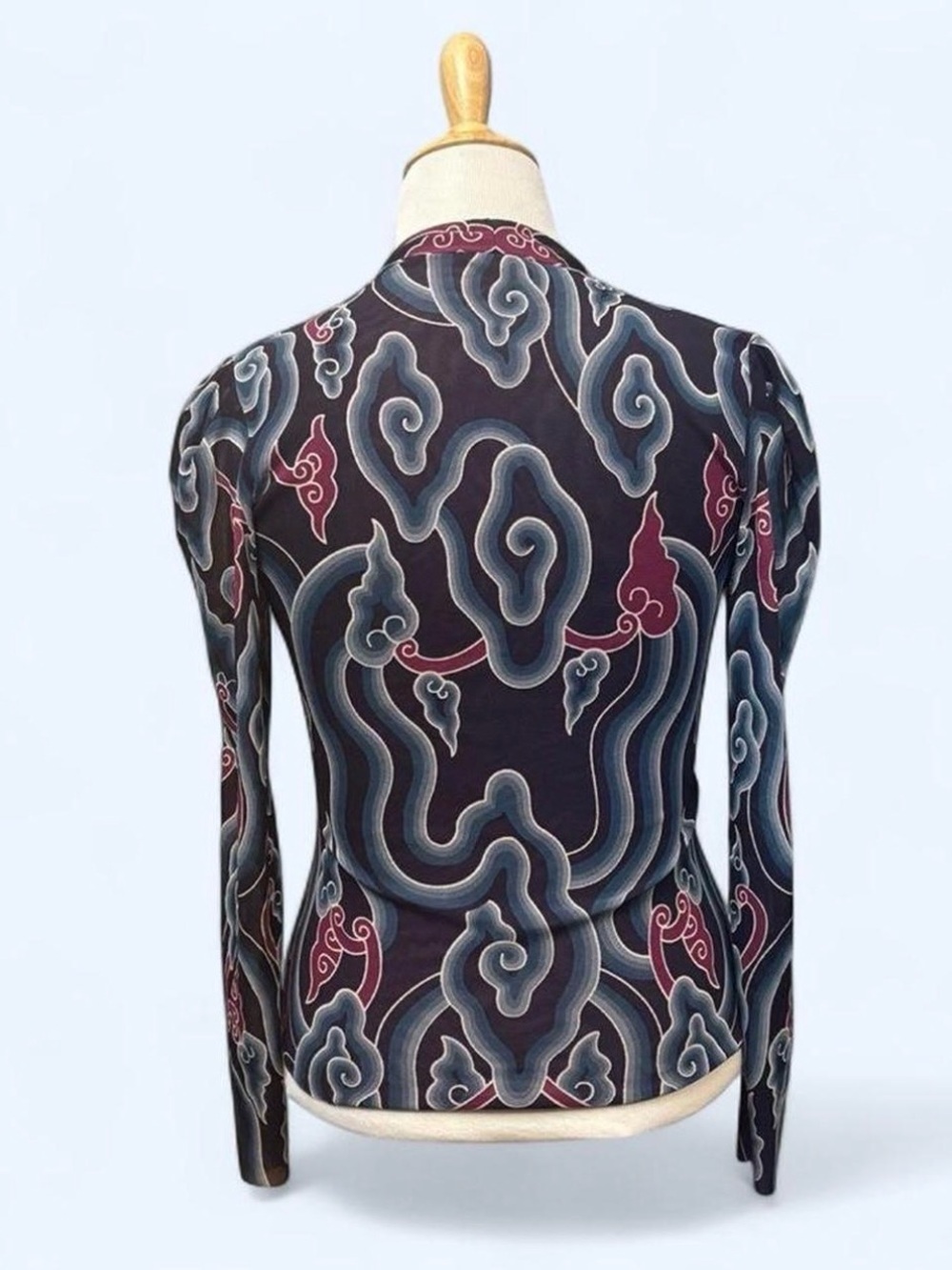 Vivienne Tam XS Vintage Y2K Mesh Sheer Abstract Print Stretch Long Sleeve Blouse - Picture 4 of 7